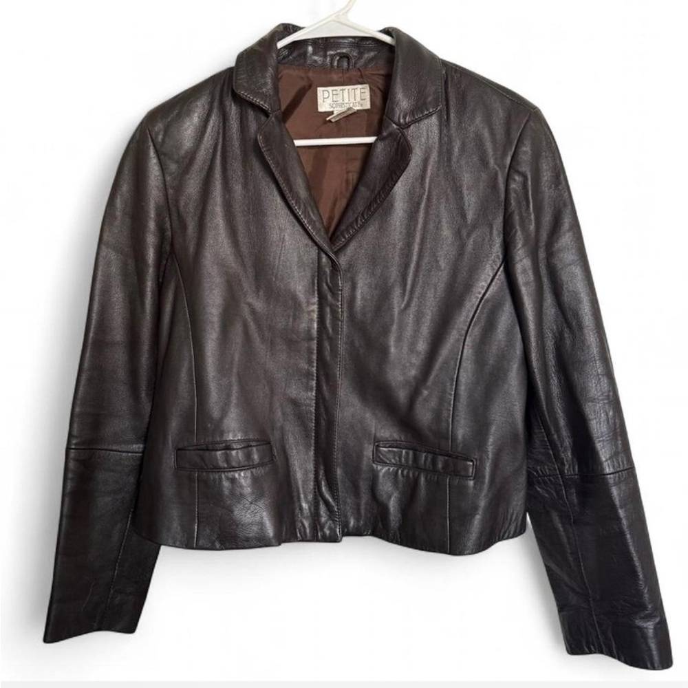 Vintage Chocolate Dark Brown Leather Cropped Blazer Jacket Size M